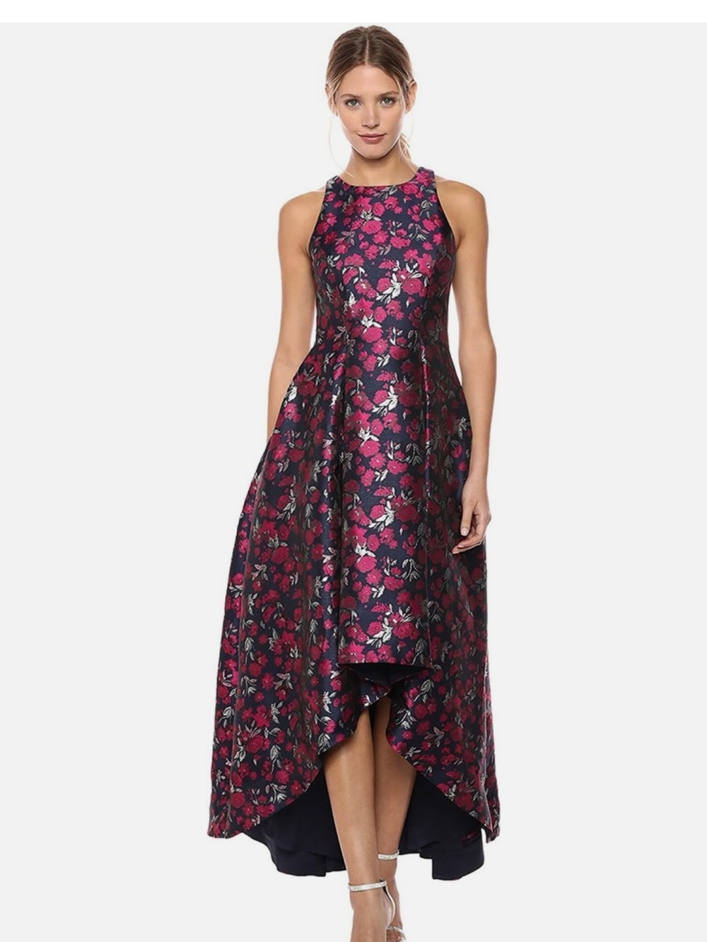 NWOT AIDAN MATTOX Floral Metallic Jacquard High Low Gown Evening Dress